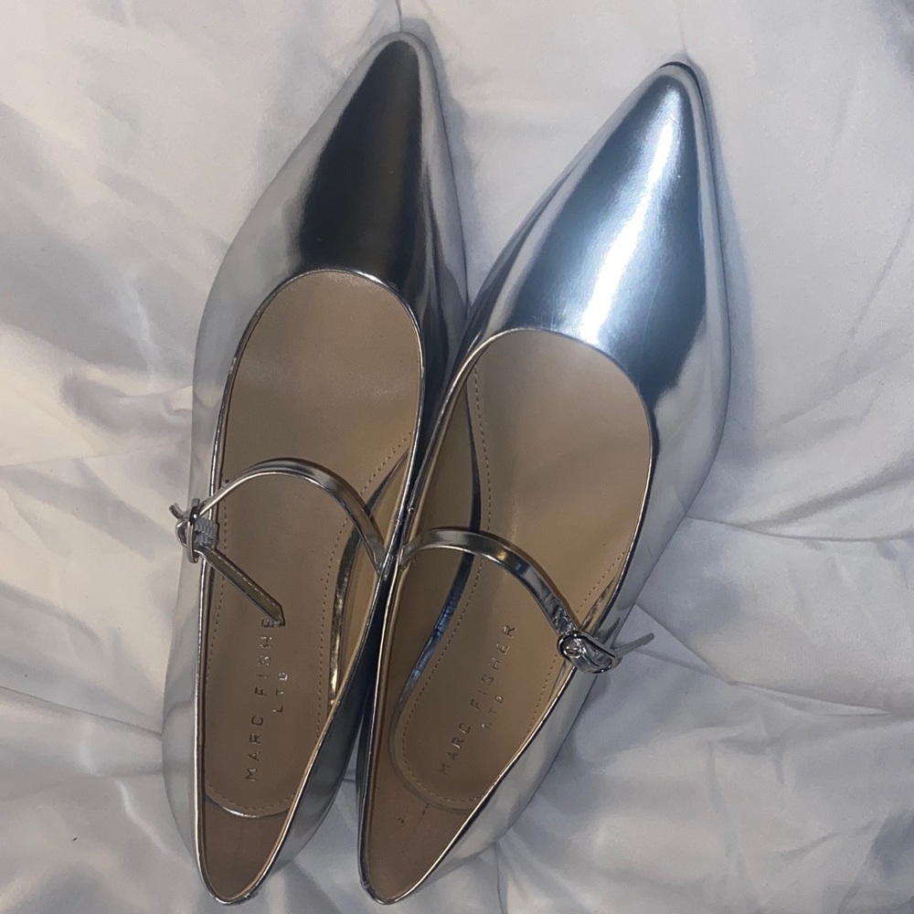 Marc Fisher Metallic Silver Pointed Mary Jane Flat